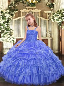 Trendy Lavender Little Girls Pageant Dress Wholesale Party and Sweet 16 and Quinceanera and Wedding Party with Beading and Ruffled Layers and Pick Ups Straps Sleeveless Lace Up