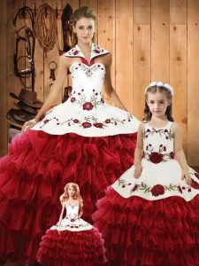Wine Red Lace Up Sweet 16 Dresses Embroidery and Ruffles Sleeveless Floor Length