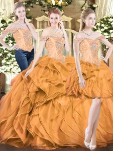 Amazing Floor Length Lace Up Vestidos de Quinceanera Orange Red for Military Ball and Sweet 16 and Quinceanera with Beading and Ruffles