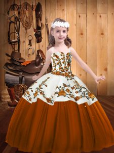 Floor Length Brown Little Girl Pageant Gowns Straps Sleeveless Lace Up