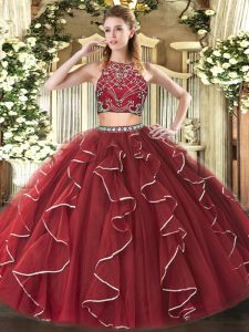 Floor Length Burgundy Quinceanera Gowns Tulle Sleeveless Beading and Ruffles