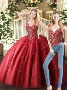 Latest Floor Length Lace Up Sweet 16 Dresses Wine Red for Military Ball and Sweet 16 and Quinceanera with Beading