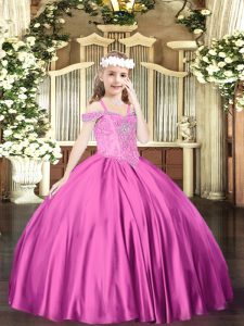 Fuchsia Sleeveless Beading Floor Length Kids Pageant Dress