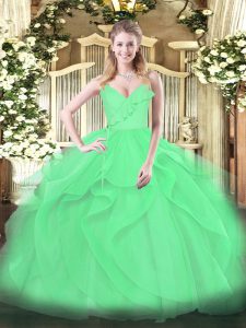 Green Tulle Zipper Quinceanera Dresses Sleeveless Floor Length Ruffles and Ruching