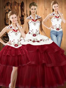 Fantastic Embroidery and Ruffled Layers Quinceanera Gowns Wine Red Lace Up Sleeveless With Train Sweep Train