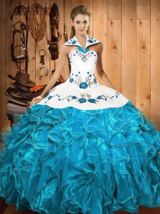 Satin and Organza Sleeveless Floor Length 15 Quinceanera Dress and Embroidery and Ruffles