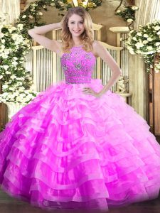 Edgy Lilac Sleeveless Floor Length Ruffled Layers Zipper Ball Gown Prom Dress