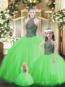 Fashion Floor Length Lace Up Quinceanera Gowns Green for Military Ball and Sweet 16 and Quinceanera with Beading