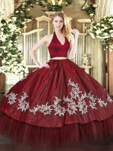 Fantastic Burgundy Quinceanera Dresses Military Ball and Sweet 16 and Quinceanera with Appliques Halter Top Sleeveless Zipper