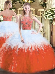 Pretty Sleeveless Floor Length Beading and Ruffles Zipper Quince Ball Gowns with Multi-color