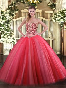 Hot Sale Sweetheart Sleeveless Sweet 16 Dresses Floor Length Beading Coral Red Tulle