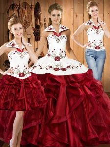 Embroidery and Ruffles Sweet 16 Quinceanera Dress Wine Red Lace Up Sleeveless Floor Length