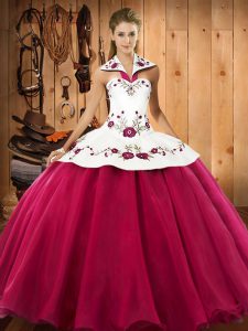 Excellent Hot Pink Lace Up Sweet 16 Quinceanera Dress Embroidery Sleeveless Floor Length