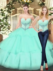 Fashionable Apple Green Ball Gowns Beading and Ruffled Layers Sweet 16 Quinceanera Dress Lace Up Organza Sleeveless Floor Length