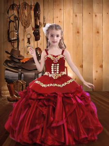 Red Sleeveless Embroidery and Ruffles Little Girls Pageant Dress