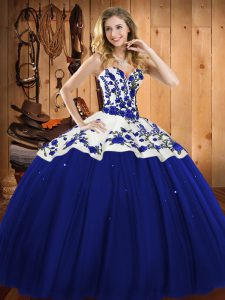 Sweetheart Sleeveless Vestidos de Quinceanera Floor Length Embroidery Blue Satin and Tulle