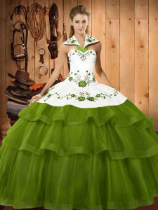 Olive Green Lace Up Ball Gown Prom Dress Embroidery and Ruffled Layers Sleeveless Sweep Train