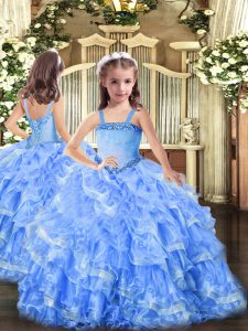 New Arrival Baby Blue Organza Lace Up Pageant Dress for Teens Sleeveless Floor Length Appliques and Ruffled Layers