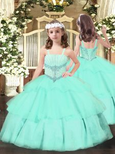 Hot Selling Apple Green Lace Up Straps Beading and Ruffled Layers Little Girls Pageant Dress Wholesale Organza Sleeveless