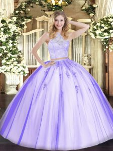 On Sale Sleeveless Floor Length Lace and Appliques Zipper Quinceanera Dress with Lavender