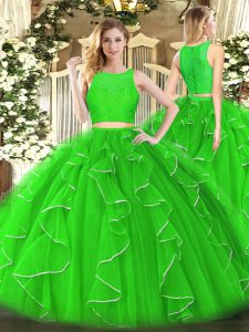 Most Popular Green Ball Gowns Scoop Sleeveless Organza Floor Length Zipper Lace and Ruffles Ball Gown Prom Dress