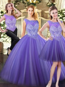 Designer Floor Length Lavender Quinceanera Gown Tulle Sleeveless Beading