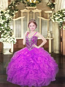 Fantastic Lilac Sleeveless Floor Length Beading and Ruffles Lace Up Pageant Gowns For Girls