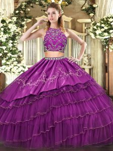 Purple Sleeveless Beading and Embroidery and Ruffled Layers Floor Length Sweet 16 Quinceanera Dress