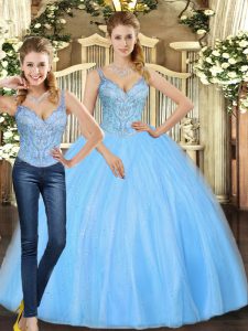 Exceptional Tulle Straps Sleeveless Lace Up Beading Quinceanera Dress in Baby Blue