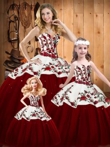Ideal Wine Red Sweetheart Neckline Embroidery 15 Quinceanera Dress Sleeveless Lace Up
