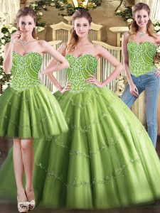 Custom Design Olive Green Sweetheart Lace Up Beading Vestidos de Quinceanera Sleeveless