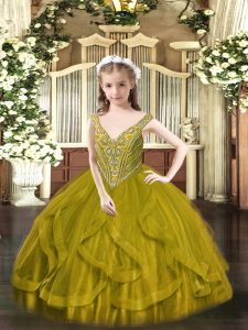 Fantastic Floor Length Olive Green Pageant Dress for Womens Tulle Sleeveless Beading and Ruffles