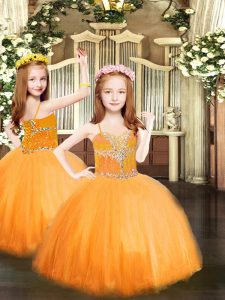 Custom Made Orange Ball Gowns Spaghetti Straps Sleeveless Tulle Floor Length Lace Up Beading Girls Pageant Dresses