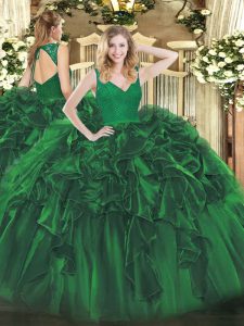 Floor Length Dark Green Quinceanera Dresses V-neck Sleeveless Zipper
