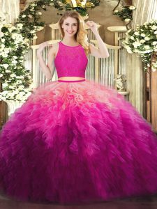 Floor Length Fuchsia Ball Gown Prom Dress Organza Sleeveless Lace and Ruffles