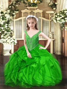 Wonderful Green Lace Up V-neck Beading and Ruffles Little Girls Pageant Dress Wholesale Organza Sleeveless