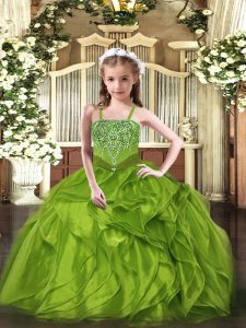 Latest Olive Green Sleeveless Beading and Ruffles Floor Length Winning Pageant Gowns