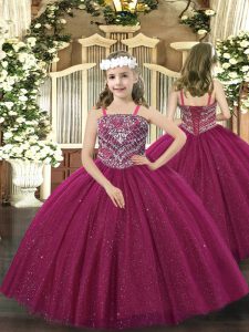 Fuchsia Lace Up Straps Beading Little Girl Pageant Dress Tulle Sleeveless
