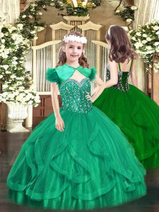 High End Turquoise Straps Lace Up Beading and Ruffles Pageant Gowns For Girls Sleeveless