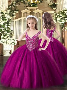 Fuchsia Tulle Lace Up High School Pageant Dress Sleeveless Floor Length Beading