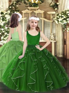 Dark Green Ball Gowns Organza Scoop Sleeveless Beading and Ruffles Floor Length Zipper Pageant Dress for Teens