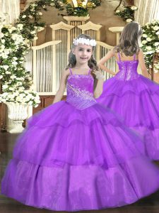 Custom Made Purple Kids Pageant Dress Party and Sweet 16 and Quinceanera and Wedding Party with Beading and Ruffled Layers Straps Sleeveless Lace Up