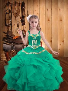 Turquoise Ball Gowns Straps Sleeveless Organza Floor Length Lace Up Embroidery and Ruffles Little Girls Pageant Gowns