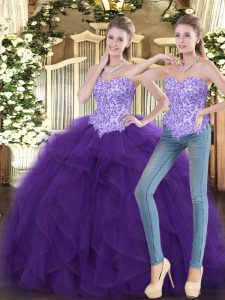 Deluxe Sweetheart Sleeveless Tulle Ball Gown Prom Dress Beading and Ruffles Lace Up