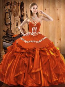 Spectacular Sweetheart Sleeveless Satin and Organza Sweet 16 Dress Embroidery and Ruffles Lace Up