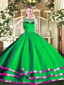 Green Sleeveless Floor Length Beading and Ruffled Layers Zipper 15 Quinceanera Dress