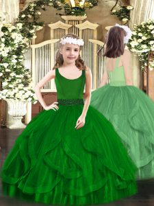 Super Sleeveless Floor Length Beading and Ruffles Zipper Little Girls Pageant Gowns with Dark Green