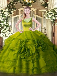 Hot Sale Floor Length Olive Green Quinceanera Gowns Scoop Sleeveless Side Zipper