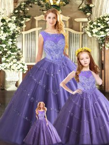 Beautiful Lavender Sleeveless Floor Length Beading Lace Up Sweet 16 Dress
