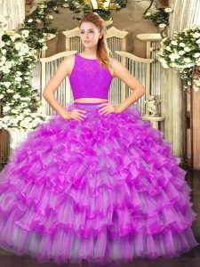 Luxury Ruffled Layers Ball Gown Prom Dress Fuchsia Zipper Sleeveless Floor Length